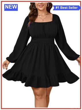 Plus Size Mini Dress Long Lantern Sleeve Smocked Waist Ruffle Hem